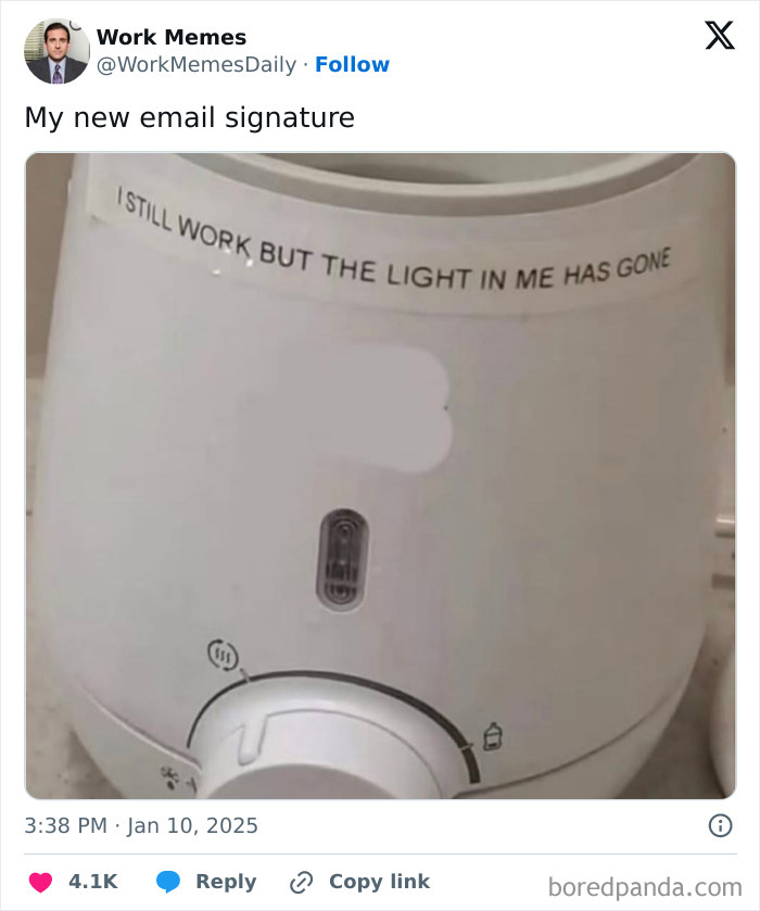 Humidifier with text humorously reflecting today's workforce: "I still work but the light in me has gone."