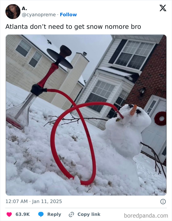 Snowman with a red hookah hose in a snowy yard, reflecting Black culture humor.