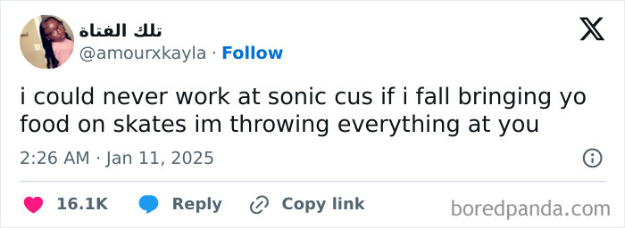 Tweet humorously celebrates Black culture with a joke about working at Sonic on skates.