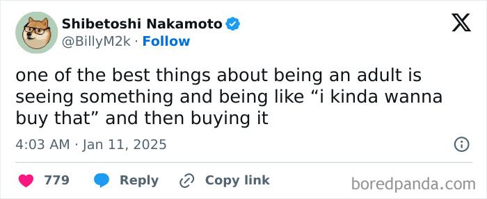 Tweet about adulthood perks and spontaneous buying shared by Shibetoshi Nakamoto on Twitter.