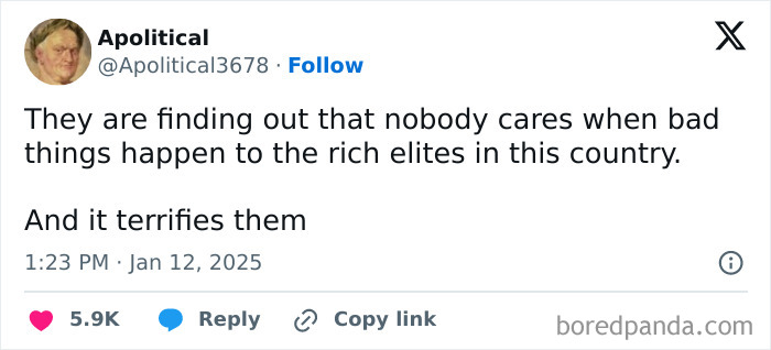 Tweet highlighting issues of capitalism in America, expressing fear of elites being uncared for.