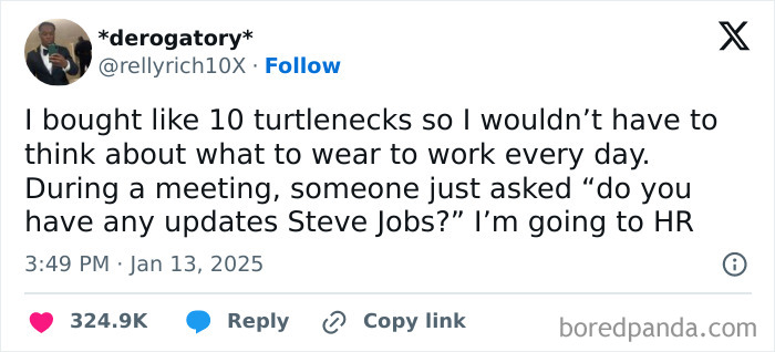 Tweet celebrating Black culture with a humorous post about wearing turtlenecks and being compared to Steve Jobs at work.