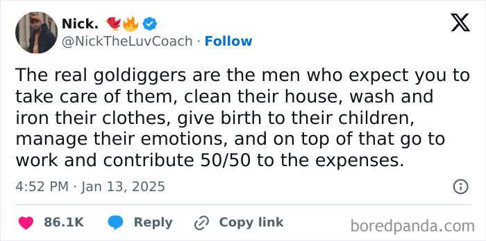 Tweet highlighting social justice issues about gender expectations and relationship dynamics.