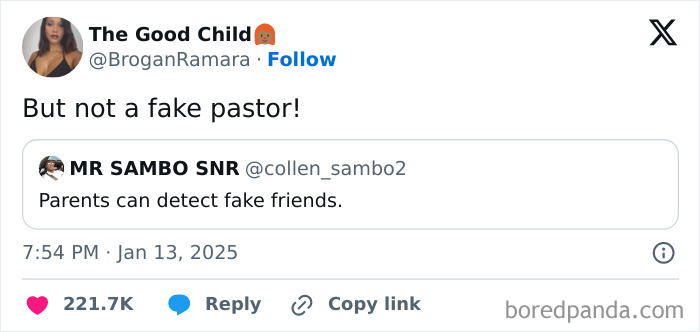 Tweet celebrating Black culture humor, referencing detecting fake friends and pastors.
