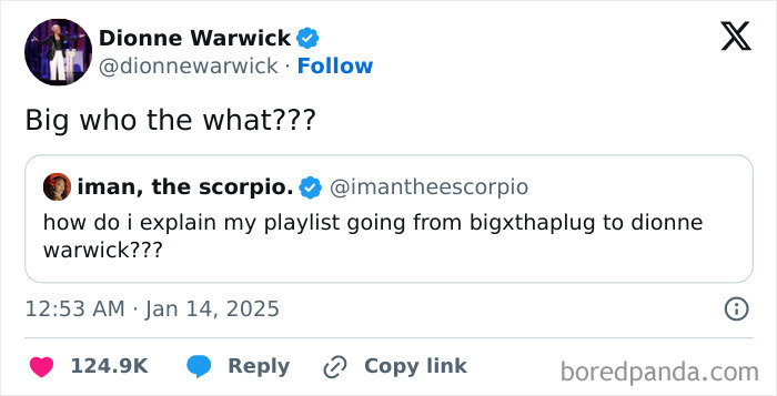 Dionne Warwick humorously responds to a fan's tweet about playlist diversity, celebrating Black culture.