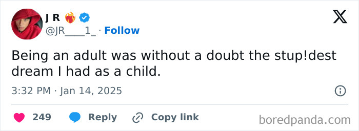 Tweet humorously reflecting on adulthood regrets, part of hilarious adulthood posts.