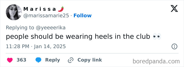 Tweet about Honest Millennial Complaints on club attire, suggesting wearing heels, with eye emojis.