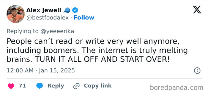 Tweet expressing honest millennial complaints about internet effects on literacy, suggesting drastic changes.