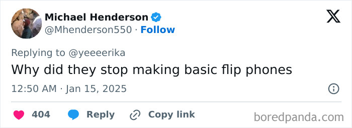 Tweet featuring honest millennial complaints about the discontinuation of basic flip phones.