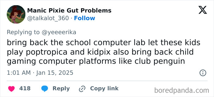 Tweet expressing Honest Millennial Complaints about missing old computer labs and gaming platforms like Club Penguin.