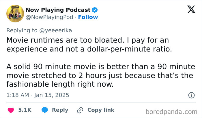 Tweet about movie runtimes being too long, expressing Honest Millennial Complaints on film experiences.