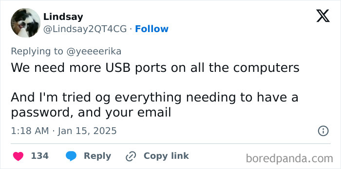 Tweet showing honest millennial complaints about USB ports and password frustrations.