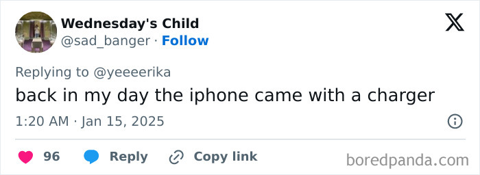 Tweet humorously conveying Honest-Millennial-Complaints about iPhones once including chargers, with username @sad_banger.