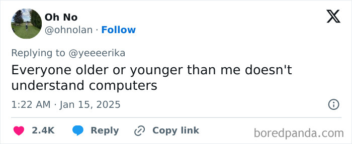 Tweet joking about computer skills, highlighting honest millennial complaints.