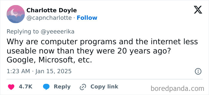 Tweet expressing Honest Millennial Complaints about modern software usability compared to 20 years ago, mentioning Google and Microsoft.