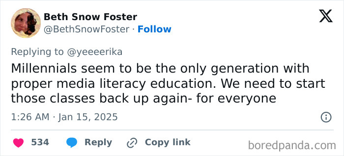Tweet about Honest Millennial Complaints regarding media literacy education.