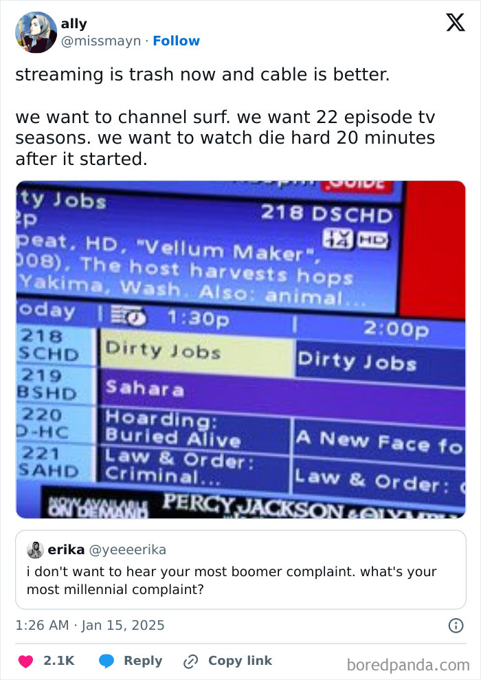 Tweet about Honest Millennial Complaints, preferring traditional cable over streaming services for TV watching.