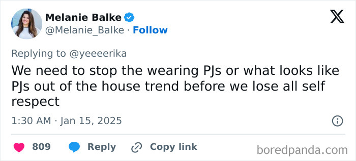 Tweet about honest millennial complaints regarding wearing pajamas in public for self-respect concerns.