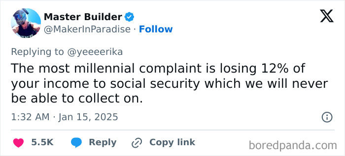 Tweet about honest millennial complaints regarding social security contributions.