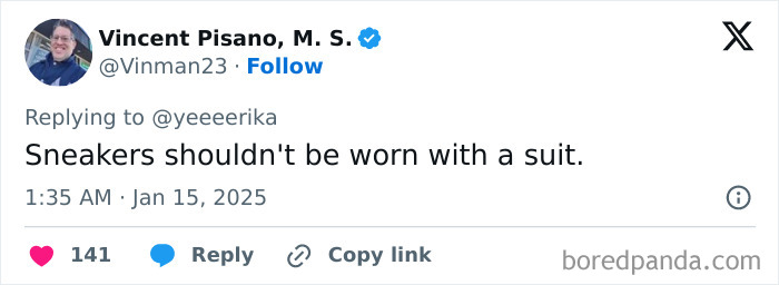 Tweet about Honest Millennial Complaints regarding wearing sneakers with a suit.