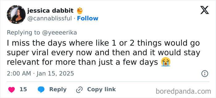 Tweet about nostalgic moments of viral trends, capturing Honest-Millennial-Complaints with a crying emoji and engagement icons.