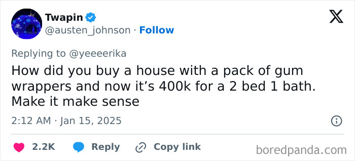 A tweet expressing Honest-Millennial-Complaints about housing costs compared to past prices.