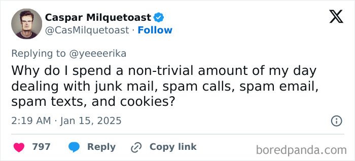 Tweet about daily frustrations with spam, junk mail, and cookies, highlighting common Millennial complaints.