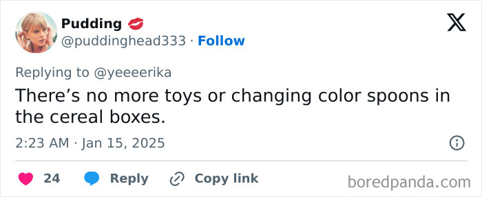 Tweet by Pudding discussing a millennial complaint about missing toys in cereal boxes.