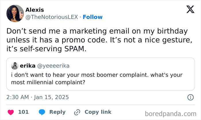 Tweet expressing Honest Millennial Complaints about receiving self-serving marketing emails on birthdays.