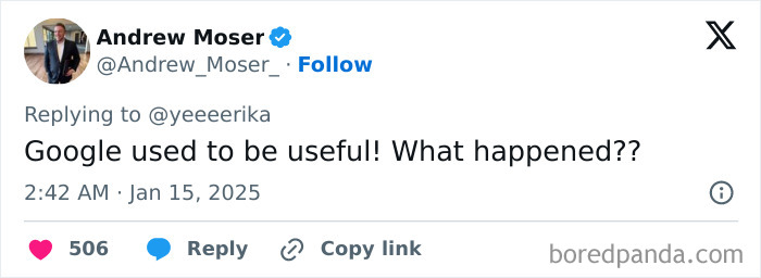 Tweet expressing honest Millennial complaints about Google's usefulness.