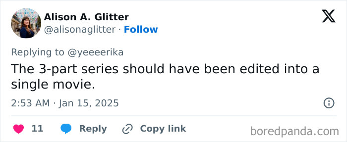 Tweet expressing Honest Millennial Complaints about a series needing to be one movie.