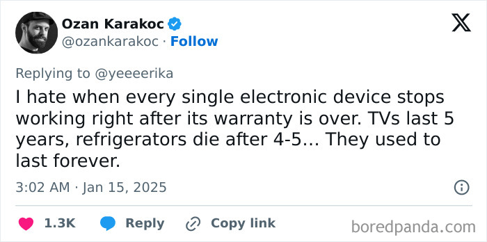 Tweet expressing Honest Millennial Complaints about electronic devices failing post-warranty.