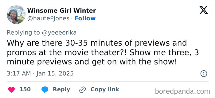 Tweet expressing a millennial complaint about lengthy movie theater previews.