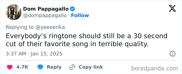 Tweet about millennial complaints on ringtones having poor sound quality, posted by Dom Pappagallo.