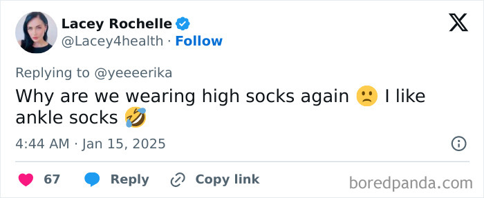 Millennial complaints about high socks trend, preferring ankle socks, expressed with emojis in a tweet.
