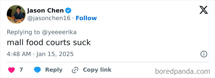 Tweet from Jason Chen expressing an honest millennial complaint about mall food courts.