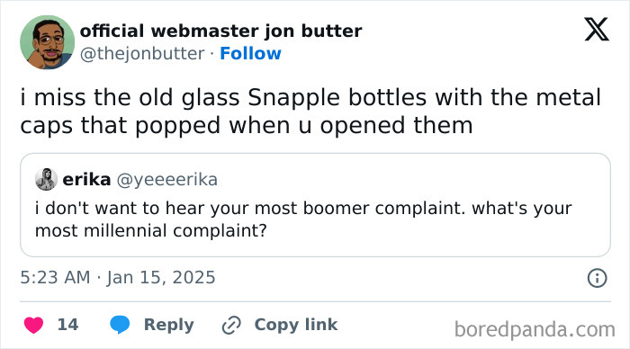 Tweet expressing Honest Millennial Complaints about missing glass Snapple bottles with metal caps.