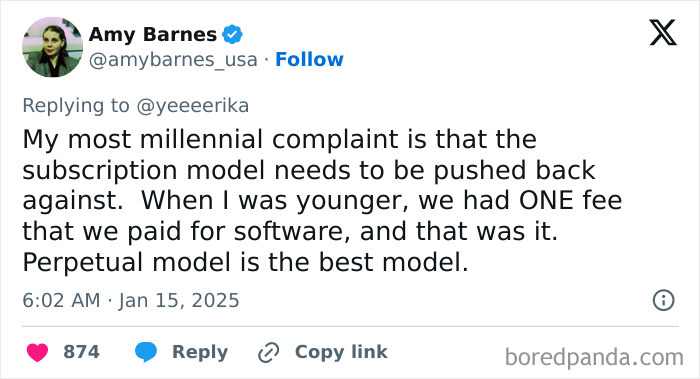 Tweet expressing Honest Millennial Complaints about subscription models, preferring perpetual software fees.