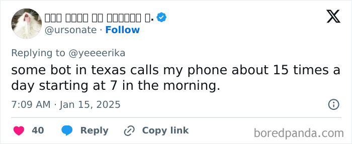 Tweet about honest millennial complaints over frequent spam calls from Texas, starting early morning.