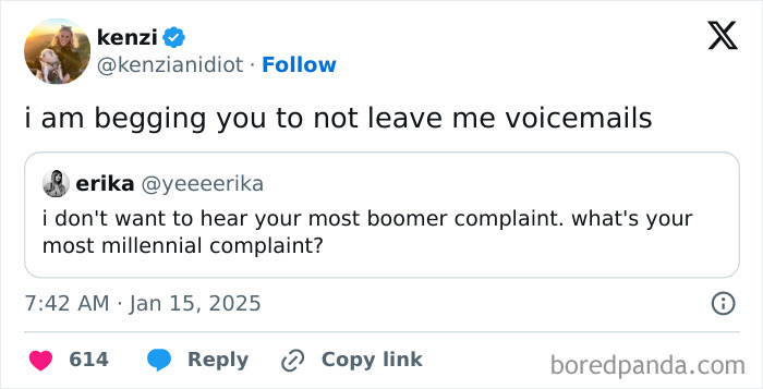Tweet about Honest Millennial Complaints requesting not to receive voicemails.