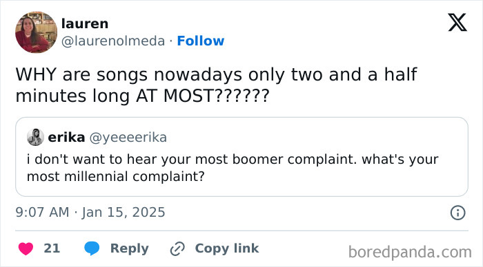 Tweet about honest millennial complaints regarding short song lengths.