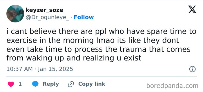 Tweet humorously discussing morning exercise and trauma of waking up, part of 30 random memes to boost dopamine.