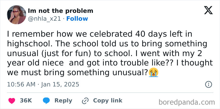 Tweet humorously celebrating black culture with a story about taking a niece to school for an unusual item day.