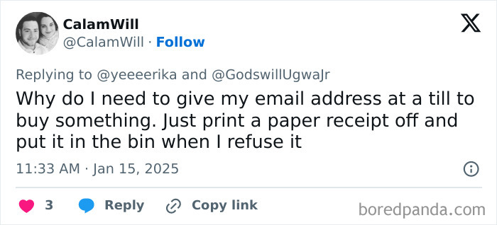 Tweet expressing honest millennial complaints about giving email for receipts at checkout.
