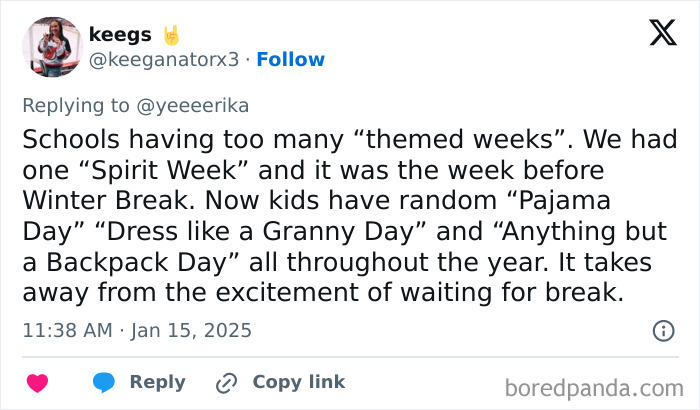 Tweet complaining about too many themed weeks in schools, featuring honest millennial complaints.