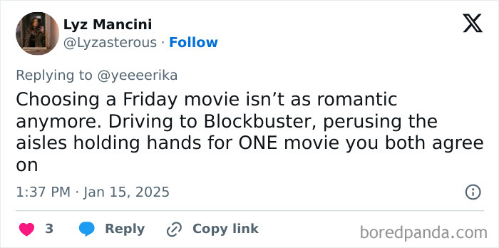 Tweet highlighting honest millennial complaints about the lost romance of choosing Friday movies at Blockbuster.