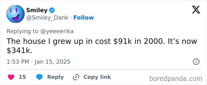 Tweet showing Honest-Millennial-Complaints about house prices rising from $91k in 2000 to $341k in 2025.