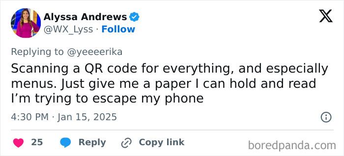 Twitter post expressing Honest Millennial Complaints about QR codes replacing paper menus.