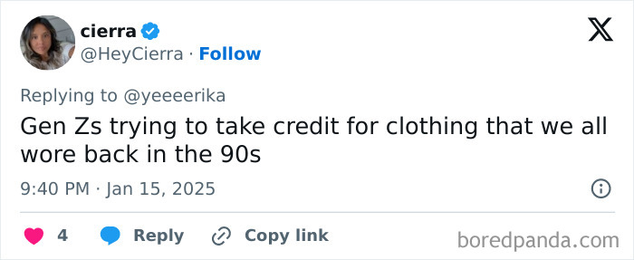 Tweet from Cierra about Honest Millennial complaints regarding Gen Z claiming 90s clothing.