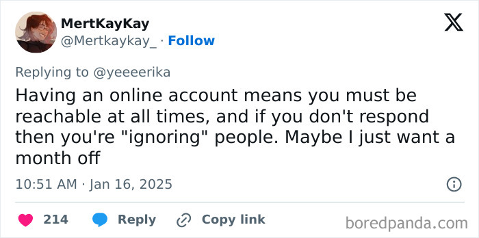 Tweet expressing Honest-Millennial-Complaints about constant online availability pressure.